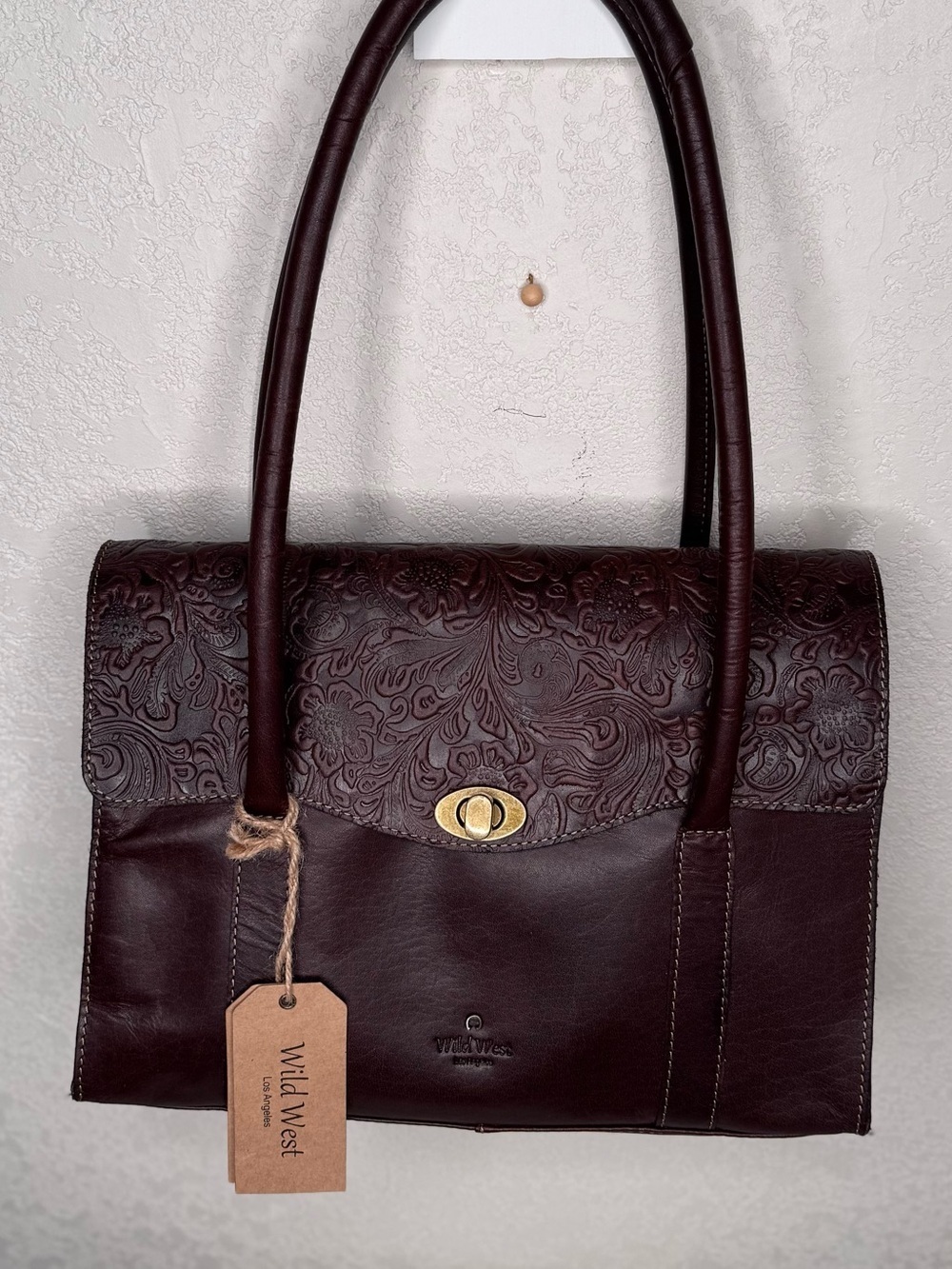 Wild West Dark cherry brown Hand tooled floral leather,turn lock,gold,plaid - Picture 9 of 12